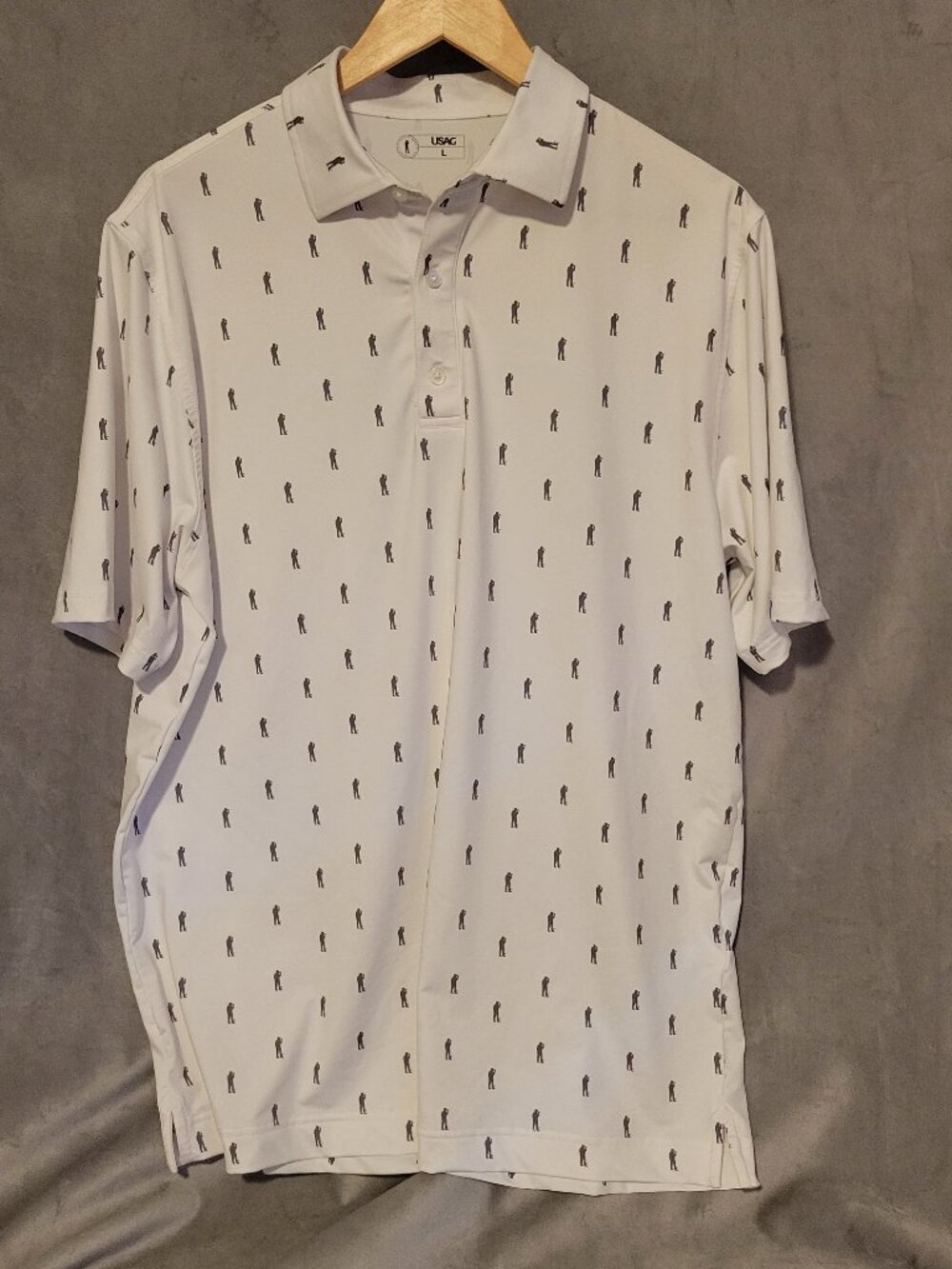 USAG (U SUCK AT GOLF) WHITE  GRAY LOGO GOLFER ALL OVER PRINT POLO SHIRT Men's L